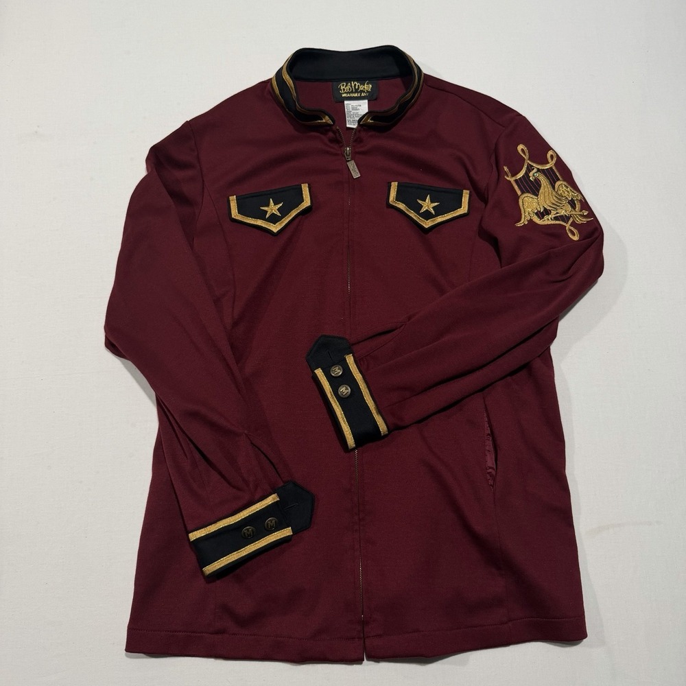 Vintage 90s Bob Mackie Wearable Art Military Jacket Womens M Burgundy Gold Crest